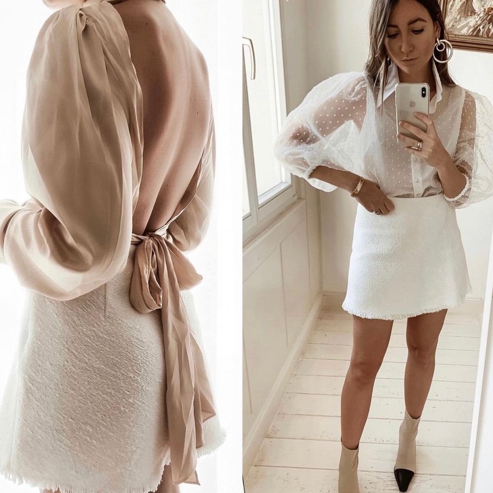 Zara White Tweed Frayed Hem Mini Skirt XS